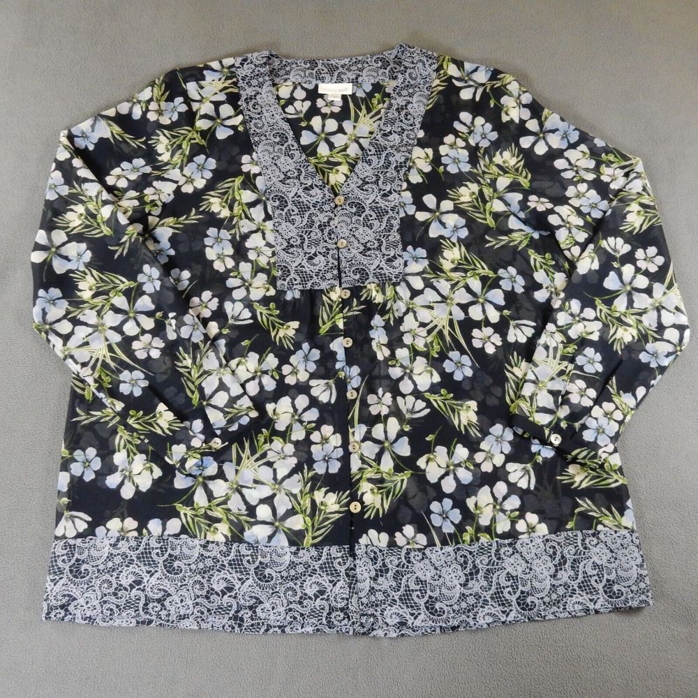 J Jill Womens Shirt Medium Blue Sheer Button Flowy Floral Flower Lightweight